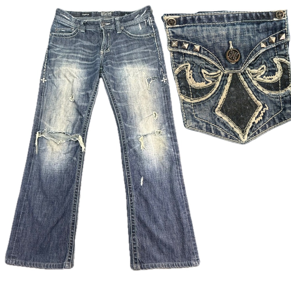 Affliction Jeans Mens 32 Blue Cooper Black Premium Distressed Flap 10BC417